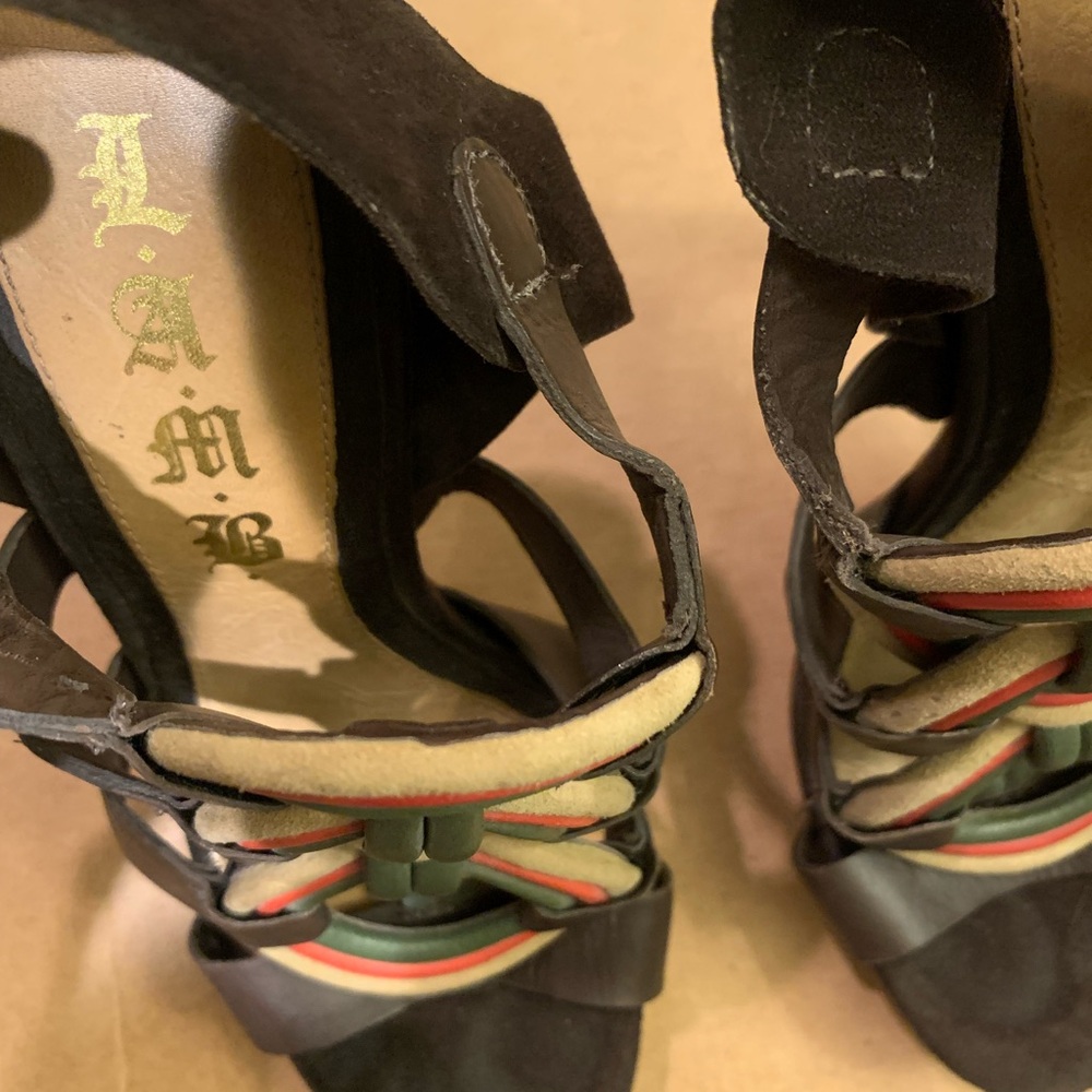 Vintage Gwen Stefani L.A.M.B. Dark Brown Strappy Heels with Multicolors - Picture 2 of 11